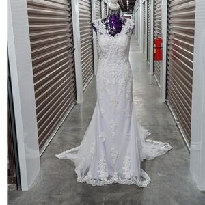 Boho Mermaid Lace Wedding Dress Illusion Back Train Bridal‎ Gown NWT JJ's 8